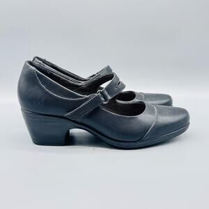 Clarks Shoes Womens Size 8.5 Black Leather Mary Jane Comfort Emily Clover Heels
